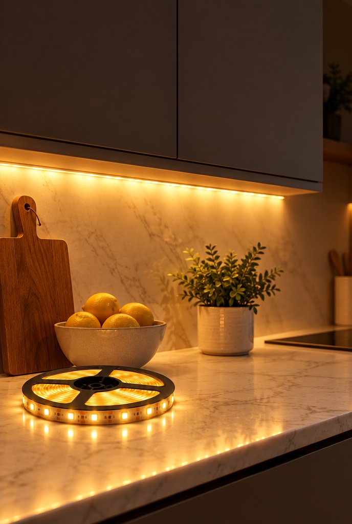 Fita LED branco quente 5 metros com fonte em uso, imagem ilustrativa
