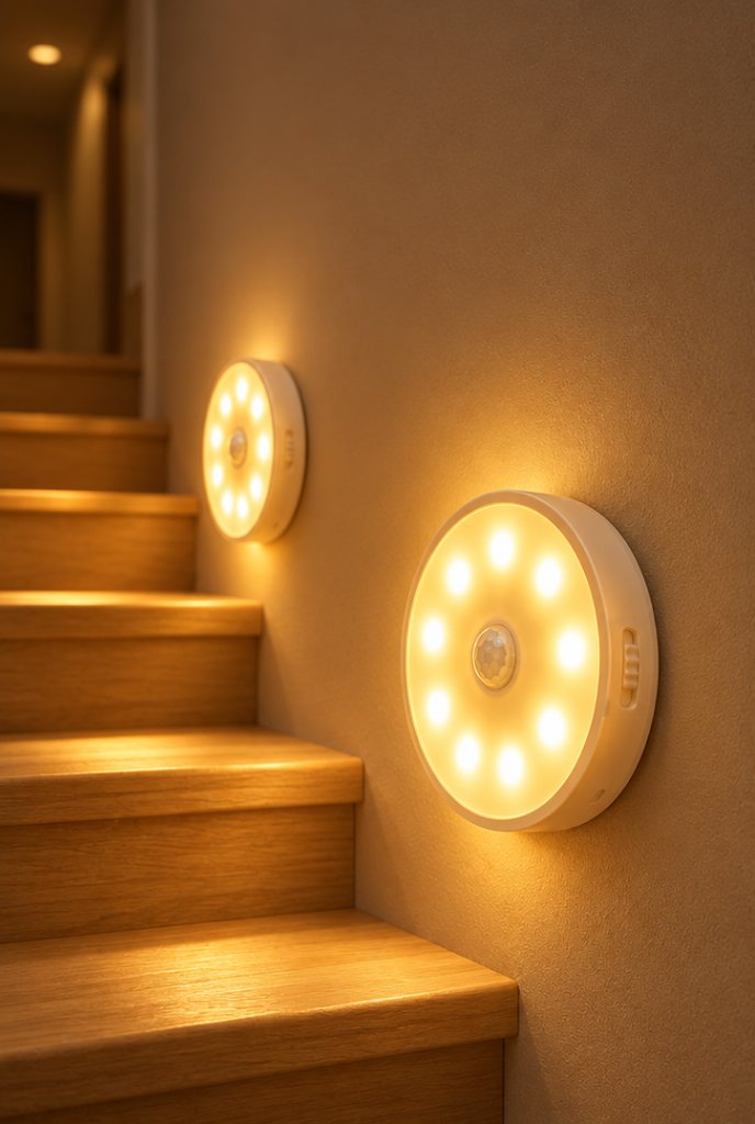 Kit 2 luminárias LED com sensor de presença em uso, imagem ilustrativa