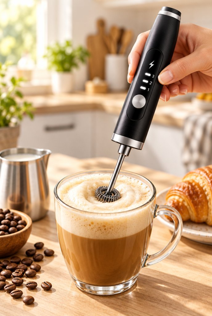 Mini mixer recarregável 2 em 1 em uso, imagem ilustrativa