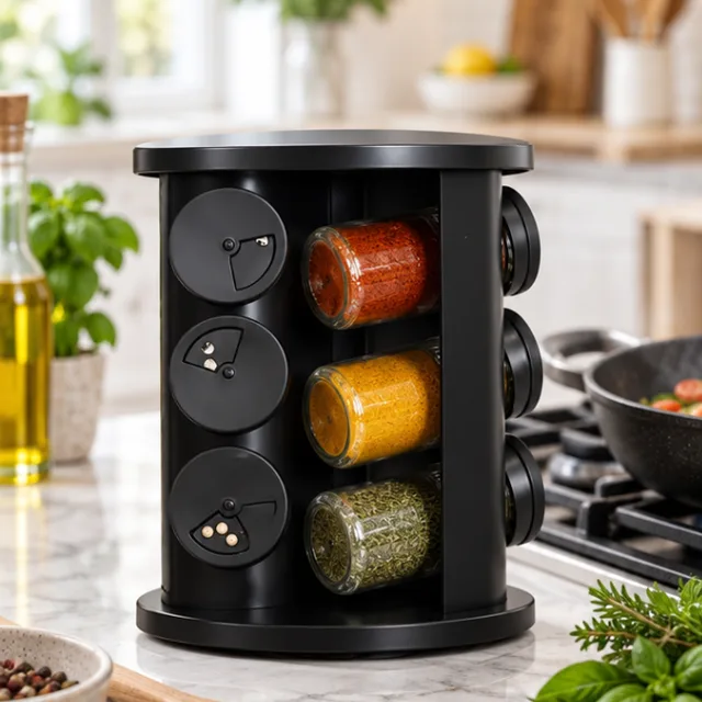 Porta temperos giratório com 9 potes de vidro